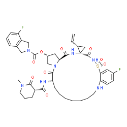 ChemSpider 2D Image | (1'R,2R,2'S,6S,24as)-17-fluoro-6-(1-methyl-2-oxopiperidine-3-carboxamido)-19,19-dioxido-5,21,24-trioxo-2'-vinyl-1,2,3,5,6,7,8,9,10,11,12,13,14,20,21,23,24,24a-octadecahydrospiro[benzo[S]pyrrolo[2,1-g][1,2,5,8,18]thiatetraazacycloicosine-22,1'-cyclopr | C42H51F2N7O9S