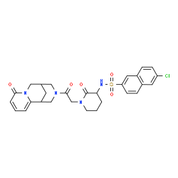 ChemSpider 2D Image | 6-Chloro-N-{2-oxo-1-[2-oxo-2-(6-oxo-7,11-diazatricyclo[7.3.1.0~2,7~]trideca-2,4-dien-11-yl)ethyl]-3-piperidinyl}-2-naphthalenesulfonamide | C28H29ClN4O5S