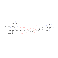 ChemSpider 2D Image | [(2r,3s,4r,5r)-5-(6-Amino-9h-Purin-9-Yl)-3,4-Dihydroxytetrahydrofuran-2-Yl]methyl (2r,3s,4s)-5-[7,8-Dimethyl-5-(3-Methylbutanoyl)-2,4-Dioxo-1,3,4,5-Tetrahydrobenzo[g]pteridin-10(2h)-Yl]-2,3,4-Trihydroxypentyl Dihydrogen Diphosphate | C32H43N9O16P2