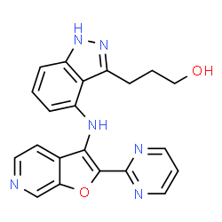 ChemSpider 2D Image | 3-(4-{[2-(2-Pyrimidinyl)furo[2,3-c]pyridin-3-yl]amino}-1H-indazol-3-yl)-1-propanol | C21H18N6O2