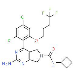 ChemSpider 2D Image | 2-Amino-N-cyclobutyl-4-[2,4-dichloro-6-(4,4,4-trifluorobutoxy)phenyl]-5,7-dihydro-6H-pyrrolo[3,4-d]pyrimidine-6-carboxamide | C21H22Cl2F3N5O2