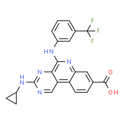ChemSpider 2D Image | 3-(Cyclopropylamino)-5-{[3-(trifluoromethyl)phenyl]amino}pyrimido[4,5-c]quinoline-8-carboxylic acid | C22H16F3N5O2