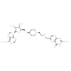 ChemSpider 2D Image | 5'-S-[1-(2-{[(2-Amino-4-oxo-1,4-dihydro-6-pteridinyl)methyl]amino}ethyl)-4-piperidinyl]-5'-thioadenosine | C24H32N12O4S
