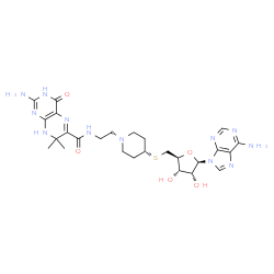 ChemSpider 2D Image | 5'-S-[1-(2-{[(2-Amino-7,7-dimethyl-4-oxo-1,4,7,8-tetrahydro-6-pteridinyl)carbonyl]amino}ethyl)-4-piperidinyl]-5'-thioadenosine | C26H36N12O5S