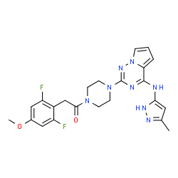 ChemSpider 2D Image | 2-(2,6-Difluoro-4-methoxyphenyl)-1-(4-{4-[(3-methyl-1H-pyrazol-5-yl)amino]pyrrolo[2,1-f][1,2,4]triazin-2-yl}-1-piperazinyl)ethanone | C23H24F2N8O2