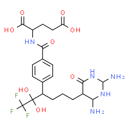 ChemSpider 2D Image | N-{4-[6-(2,4-Diamino-6-oxohexahydro-5-pyrimidinyl)-1,1,1-trifluoro-2,2-dihydroxy-3-hexanyl]benzoyl}glutamic acid | C22H30F3N5O8