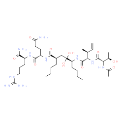 ChemSpider 2D Image | N~2~-[(2R,5S)-5-({(2S,3S)-2-[(N-Acetyl-L-threonyl)amino]-3-methyl-4-pentenoyl}amino)-2-butyl-4,4-dihydroxynonanoyl]-L-glutaminyl-L-argininamide | C36H66N10O10