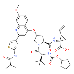 ChemSpider 2D Image | N-[(Cyclopentyloxy)carbonyl]-3-methyl-L-valyl-(4R)-N-[(1R,2S)-1-carboxy-2-vinylcyclopropyl]-4-({2-[2-(isobutyrylamino)-1,3-thiazol-4-yl]-7-methoxy-4-quinolinyl}oxy)-L-prolinamide | C40H50N6O9S