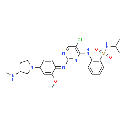 ChemSpider 2D Image | 2-({5-Chloro-2-[(E)-{(4R)-2-methoxy-4-[(3R)-3-(methylamino)-1-pyrrolidinyl]-2,5-cyclohexadien-1-ylidene}amino]-4-pyrimidinyl}amino)-N-isopropylbenzenesulfonamide | C25H32ClN7O3S