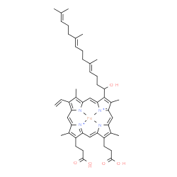 ChemSpider 2D Image | [3,3'-{8-[(4E,8E)-1-Hydroxy-5,9,13-trimethyl-4,8,12-tetradecatrien-1-yl]-3,7,12,17-tetramethyl-13-vinyl-2,18-porphyrindiyl-kappa~4~N~21~,N~22~,N~23~,N~24~}dipropanoato(2-)]iron(2+) | C49H58FeN4O5
