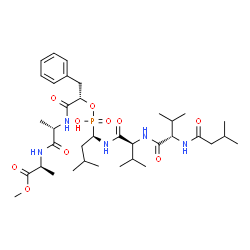 ChemSpider 2D Image | Methyl N-[(2S)-2-({hydroxy[(1R)-3-methyl-1-{[N-(3-methylbutanoyl)-L-valyl-L-valyl]amino}butyl]phosphoryl}oxy)-3-phenylpropanoyl]-L-alanyl-L-alaninate | C36H60N5O10P