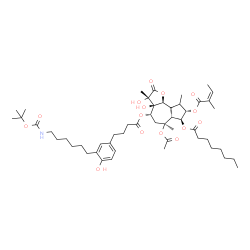 ChemSpider 2D Image | (3S,3aR,4S,6S,6aR,7S,8S,9aS,9bS)-6-Acetoxy-3,3a-dihydroxy-4-[(4-{4-hydroxy-3-[6-({[(2-methyl-2-propanyl)oxy]carbonyl}amino)hexyl]phenyl}butanoyl)oxy]-3,6,9-trimethyl-8-{[(2Z)-2-methyl-2-butenoyl]oxy}-
2-oxododecahydroazuleno[4,5-b]furan-7-yl octanoate | C51H77NO15