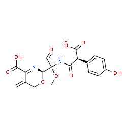 ChemSpider 2D Image | (2R)-2-[(1R)-1-{[(2S)-2-Carboxy-2-(4-hydroxyphenyl)acetyl]amino}-1-methoxy-2-oxoethyl]-5-methylene-5,6-dihydro-2H-1,3-oxazine-4-carboxylic acid | C18H18N2O9