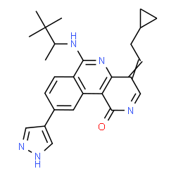 ChemSpider 2D Image | 4-(2-Cyclopropylethylidene)-6-[(3,3-dimethyl-2-butanyl)amino]-9-(1H-pyrazol-4-yl)benzo[c][1,6]naphthyridin-1(4H)-one | C26H29N5O
