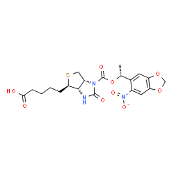 ChemSpider 2D Image | 5-[(3aS,4R,6aR)-1-{[(1R)-1-(6-Nitro-1,3-benzodioxol-5-yl)ethoxy]carbonyl}-2-oxohexahydro-1H-thieno[3,4-d]imidazol-4-yl]pentanoic acid | C20H23N3O9S