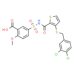 ChemSpider 2D Image | 5-[({3-[(3,4-Dichlorobenzyl)sulfanyl]-2-thienyl}carbonyl)sulfamoyl]-2-methoxybenzoic acid | C20H15Cl2NO6S3