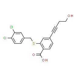 ChemSpider 2D Image | 2-[(3,4-Dichlorobenzyl)sulfanyl]-4-(4-hydroxy-1-butyn-1-yl)benzoic acid | C18H14Cl2O3S