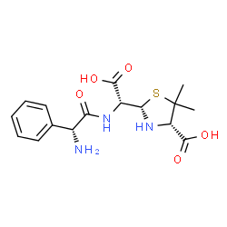 ChemSpider 2D Image | (2S,4S)-2-[(R)-{[(2R)-2-Amino-2-phenylacetyl]amino}(carboxy)methyl]-5,5-dimethyl-1,3-thiazolidine-4-carboxylic acid | C16H21N3O5S