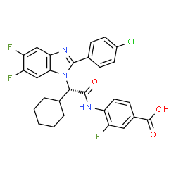 ChemSpider 2D Image | 4-({(2S)-2-[2-(4-Chlorophenyl)-5,6-difluoro-1H-benzimidazol-1-yl]-2-cyclohexylacetyl}amino)-3-fluorobenzoic acid | C28H23ClF3N3O3