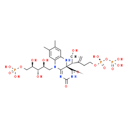 ChemSpider 2D Image | 1-Deoxy-1-[(4aR)-4a-[(2R)-1-hydroxy-5-{[(S)-hydroxy(phosphonooxy)phosphoryl]oxy}-3-methylene-2-pentanyl]-7,8-dimethyl-2,4-dioxo-3,4,4a,5-tetrahydrobenzo[g]pteridin-10(2H)-yl]-5-O-phosphono-D-ribitol | C23H35N4O17P3