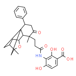 ChemSpider 2D Image | 3-{[3-(5,9-Dimethyl-4-oxo-2-phenyl-8-oxatetracyclo[7.2.1.1~7,10~.0~1,6~]tridec-5-yl)propanoyl]amino}-2,4-dihydroxybenzoic acid | C30H33NO7