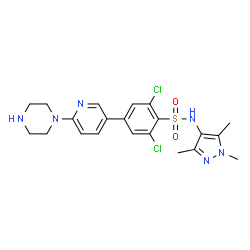 ChemSpider 2D Image | 2,6-Dichloro-4-(6-Piperazin-1-Ylpyridin-3-Yl)-N-(1,3,5-Trimethyl-1h-Pyrazol-4-Yl)benzenesulfonamide | C21H24Cl2N6O2S