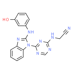ChemSpider 2D Image | [(4-{2-[(3-Hydroxyphenyl)amino]-1H-benzimidazol-1-yl}-1,3,5-triazin-2-yl)amino]acetonitrile | C18H14N8O