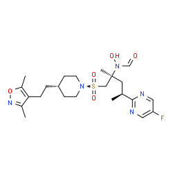 ChemSpider 2D Image | N-[(2S,4S)-1-({4-[2-(3,5-Dimethyl-1,2-oxazol-4-yl)ethyl]-1-piperidinyl}sulfonyl)-4-(5-fluoro-2-pyrimidinyl)-2-methyl-2-pentanyl]-N-hydroxyformamide | C23H34FN5O5S
