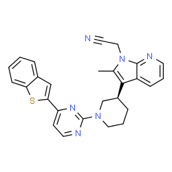 ChemSpider 2D Image | (3-{(3R)-1-[4-(1-Benzothiophen-2-yl)-2-pyrimidinyl]-3-piperidinyl}-2-methyl-1H-pyrrolo[2,3-b]pyridin-1-yl)acetonitrile | C27H24N6S
