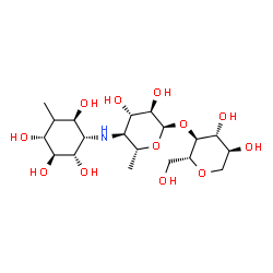 ChemSpider 2D Image | 1,5-Anhydro-4-O-(4,6-dideoxy-4-{[(1S,2S,3S,4R,6R)-2,3,4,6-tetrahydroxy-5-methylcyclohexyl]amino}-alpha-D-glucopyranosyl)-D-glucitol | C19H35NO12