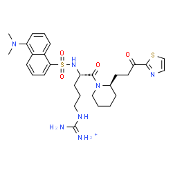 ChemSpider 2D Image | {[(4S)-4-({[5-(Dimethylamino)-1-naphthyl]sulfonyl}amino)-5-oxo-5-{(2R)-2-[3-oxo-3-(1,3-thiazol-2-yl)propyl]-1-piperidinyl}pentyl]amino}(imino)methanaminium | C29H40N7O4S2