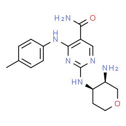 ChemSpider 2D Image | 2-{[(3R,4R)-3-Aminotetrahydro-2H-pyran-4-yl]amino}-4-[(4-methylphenyl)amino]-5-pyrimidinecarboxamide | C17H22N6O2