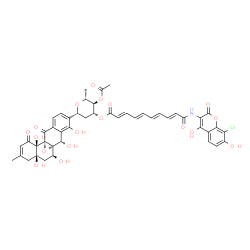 ChemSpider 2D Image | (1R)-4-O-Acetyl-1,5-anhydro-3-O-{(2E,4E,6E,8E)-10-[(8-chloro-4,7-dihydroxy-2-oxo-2H-chromen-3-yl)amino]-10-oxo-2,4,6,8-decatetraenoyl}-2,6-dideoxy-1-[(1S,2R,7R,9S,10S,11S)-2,7,9,11,13-pentahydroxy-5-m
ethyl-3,18-dioxo-19-oxapentacyclo[8.8.1.0~1,10~.0~2,7~.0~12,17~]nonadeca-4,12,14,16-tetraen-14-yl]-D-arabino-hexitol | C46H42ClNO18