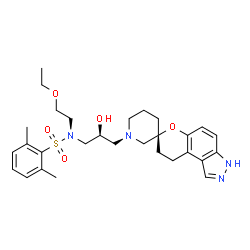 ChemSpider 2D Image | N-{(2S)-3-[(3S)-8',9'-Dihydro-1H,3'H-spiro[piperidine-3,7'-pyrano[3,2-e]indazol]-1-yl]-2-hydroxypropyl}-N-(2-ethoxyethyl)-2,6-dimethylbenzenesulfonamide | C29H40N4O5S