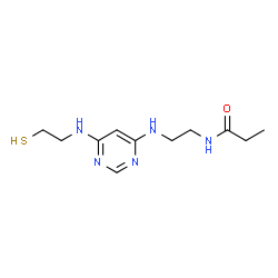 ChemSpider 2D Image | N-[2-({6-[(2-Sulfanylethyl)amino]-4-pyrimidinyl}amino)ethyl]propanamide | C11H19N5OS