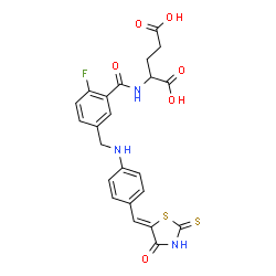 ChemSpider 2D Image | N-{2-Fluoro-5-[({4-[(Z)-(4-oxo-2-thioxo-1,3-thiazolidin-5-ylidene)methyl]phenyl}amino)methyl]benzoyl}glutamic acid | C23H20FN3O6S2