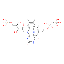 ChemSpider 2D Image | 1-Deoxy-1-[(4aR)-4a-[(2Z)-2-(2-{[hydroxy(phosphonooxy)phosphoryl]oxy}ethyl)-2-buten-1-yl]-7,8-dimethyl-2,4-dioxo-3,4,4a,5-tetrahydrobenzo[g]pteridin-10(2H)-yl]-5-O-phosphono-D-ribitol | C23H35N4O16P3