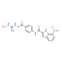 ChemSpider 2D Image | N-{4-[(1E)-N-(N-Hydroxycarbamimidoyl)ethanehydrazonoyl]phenyl}-7-nitro-1H-indole-2-carboxamide | C18H17N7O4