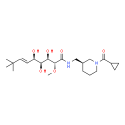 ChemSpider 2D Image | (2R,3R,4S,5R,6E)-N-{[(3S)-1-(Cyclopropylcarbonyl)-3-piperidinyl]methyl}-3,4,5-trihydroxy-2-methoxy-8,8-dimethyl-6-nonenamide | C22H38N2O6