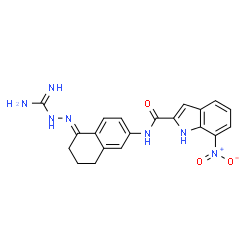 ChemSpider 2D Image | N-[(5E)-5-(Carbamimidoylhydrazono)-5,6,7,8-tetrahydro-2-naphthalenyl]-7-nitro-1H-indole-2-carboxamide | C20H19N7O3