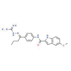 ChemSpider 2D Image | N-{4-[(1E)-N-Carbamimidoylbutanehydrazonoyl]phenyl}-5-methoxy-1H-indole-2-carboxamide | C21H24N6O2