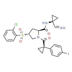 ChemSpider 2D Image | (4R)-4-[(2-Chlorophenyl)sulfonyl]-N-[1-(iminomethyl)cyclopropyl]-1-{[1-(4-iodophenyl)cyclopropyl]carbonyl}-L-prolinamide | C25H25ClIN3O4S