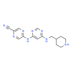 ChemSpider 2D Image | 5-({6-[(4-Piperidinylmethyl)amino]-4-pyrimidinyl}amino)-2-pyrazinecarbonitrile | C15H18N8