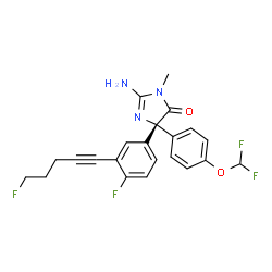 ChemSpider 2D Image | (5R)-2-Amino-5-[4-(difluoromethoxy)phenyl]-5-[4-fluoro-3-(5-fluoro-1-pentyn-1-yl)phenyl]-3-methyl-3,5-dihydro-4H-imidazol-4-one | C22H19F4N3O2