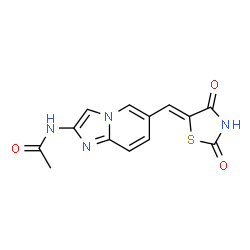 ChemSpider 2D Image | N-{6-[(Z)-(2,4-Dioxo-1,3-thiazolidin-5-ylidene)methyl]imidazo[1,2-a]pyridin-2-yl}acetamide | C13H10N4O3S