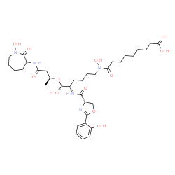 ChemSpider 2D Image | 9-{Hydroxy[(5S,6R)-6-hydroxy-6-({(2S)-4-[(1-hydroxy-2-oxo-3-azepanyl)amino]-4-oxo-2-butanyl}oxy)-5-({[(4S)-2-(2-hydroxyphenyl)-4,5-dihydro-1,3-oxazol-4-yl]carbonyl}amino)hexyl]amino}-9-oxononanoic aci
d | C35H53N5O12
