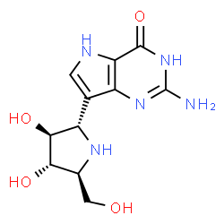 ChemSpider 2D Image | 2-Amino-7-[(2S,3S,4S,5S)-3,4-dihydroxy-5-(hydroxymethyl)-2-pyrrolidinyl]-3,5-dihydro-4H-pyrrolo[3,2-d]pyrimidin-4-one | C11H15N5O4
