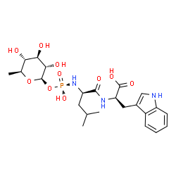 ChemSpider 2D Image | (2R)-2-{[(2R)-2-{[(R)-Hydroxy{[(2R,3S,4R,5R,6S)-3,4,5-trihydroxy-6-methyltetrahydro-2H-pyran-2-yl]oxy}phosphoryl]amino}-4-methylpentanoyl]amino}-3-(1H-indol-3-yl)propanoic acid | C23H34N3O10P