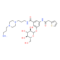 ChemSpider 2D Image | N-{3-[4-(3-Aminopropyl)-1-piperazinyl]propyl}-3-(beta-D-glucopyranosyloxy)-5-[(2-thienylacetyl)amino]benzamide | C29H43N5O8S