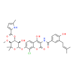 ChemSpider 2D Image | N-[8-Chloro-7-({6-deoxy-5-methyl-4-O-methyl-3-O-[(5-methyl-1H-pyrrol-2-yl)carbonyl]-beta-D-glucopyranosyl}oxy)-4-hydroxy-2-oxo-2H-chromen-3-yl]-4-hydroxy-3-(3-methyl-2-buten-1-yl)benzamide | C35H37ClN2O11